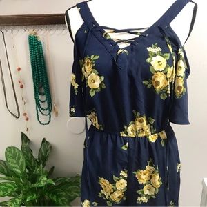 E&M Blue Floral Shoulder-less Romper